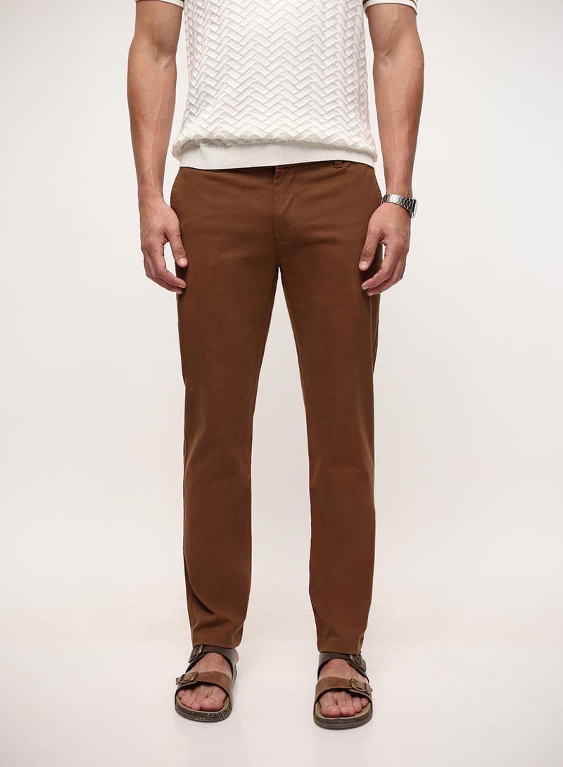 Dennis Lingo Brown Cotton Blend Solid Print Straight Fit Chinos Trouser For Men - Image 2