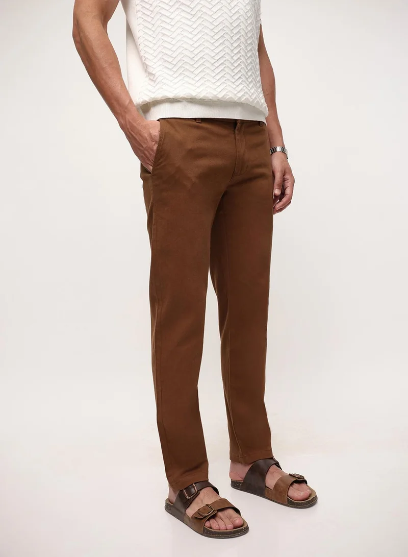 دينيس لينغو Brown Cotton Blend Solid Print Straight Fit Chinos Trouser For Men