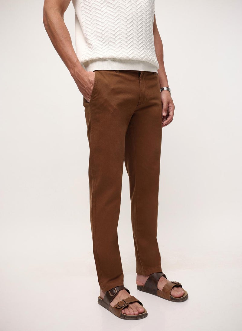 Dennis Lingo Brown Cotton Blend Solid Print Straight Fit Chinos Trouser For Men - Image 1