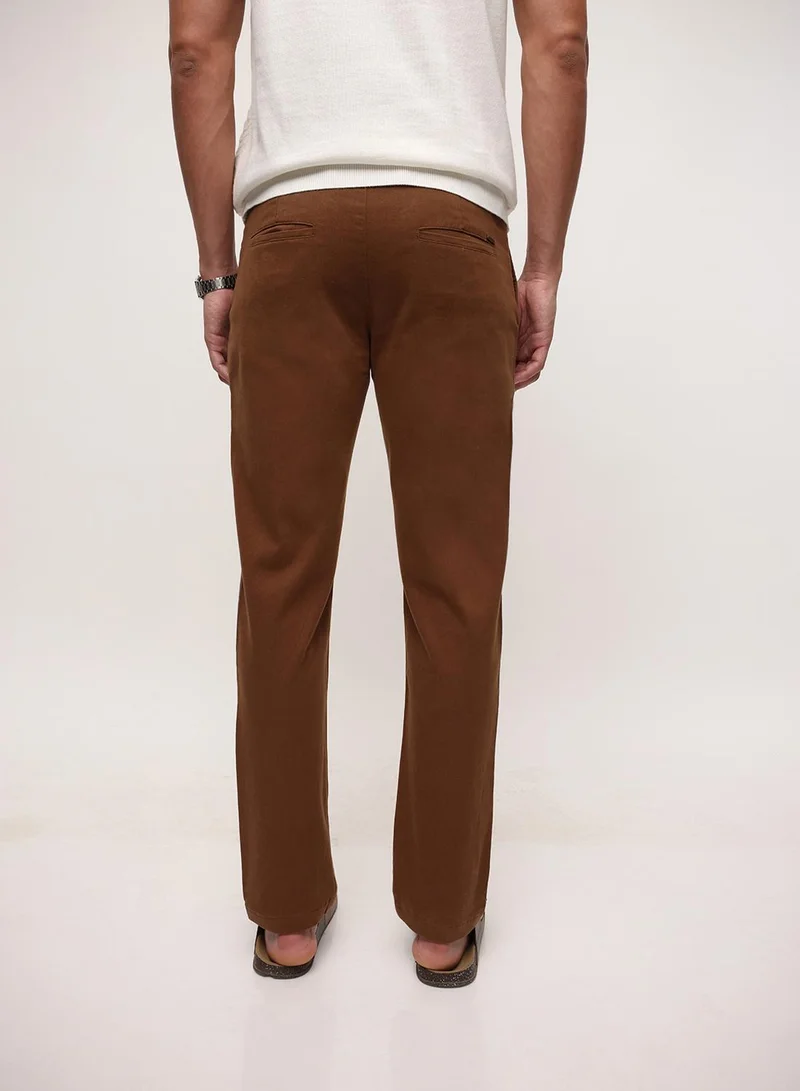 Dennis Lingo  Brown Cotton Blend Solid Print Straight Fit Chinos Trouser For Men for Men | Best Price UAE