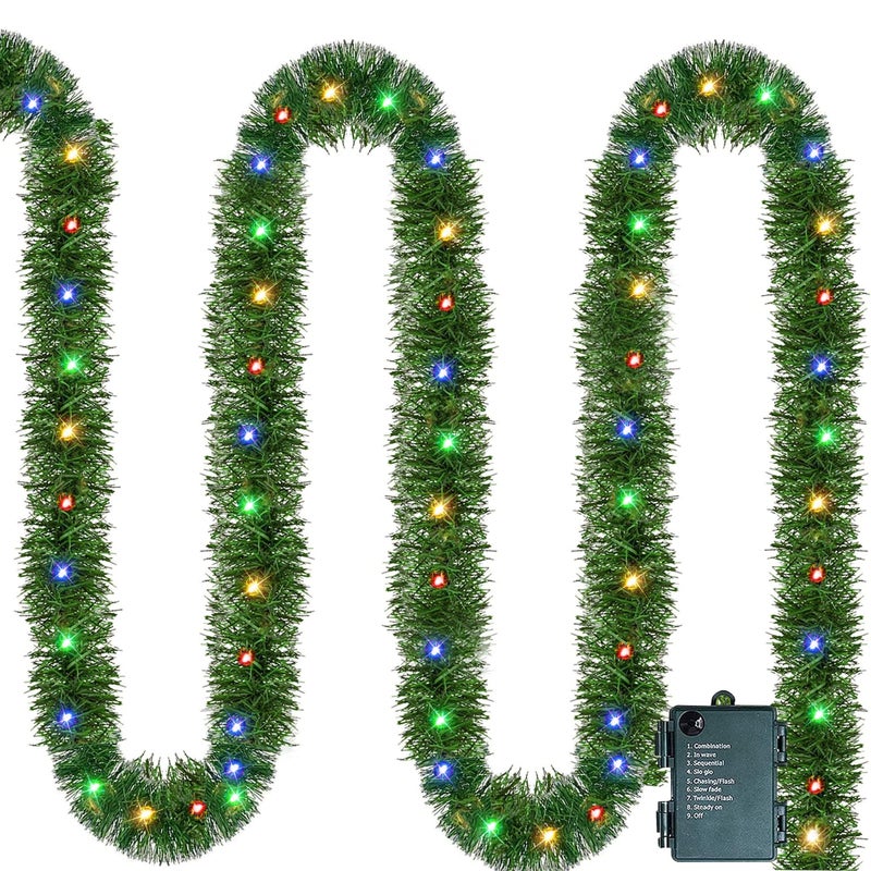 Nerosun 148 FT Artificial Christmas Garland 50 PreLit LED Mini String Lights Battery Operated Xmas Garland for Home Stair Railing Indoor Wedding Party Christmas Ornament Decorations MultiColored