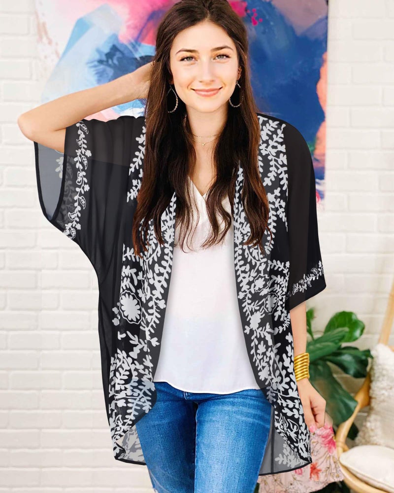 CHICGAL Womens Floral Kimono Cardigans Beach Cover Tops Loose Puff Sleeve Casual Blouse (C Black Flower, XL) - Image 2