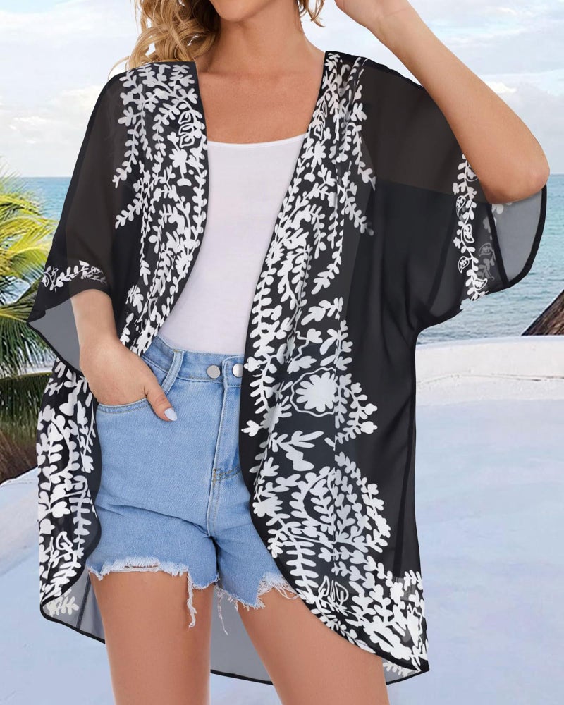 CHICGAL Womens Floral Kimono Cardigans Beach Cover Tops Loose Puff Sleeve Casual Blouse (C Black Flower, XL) - Image 4