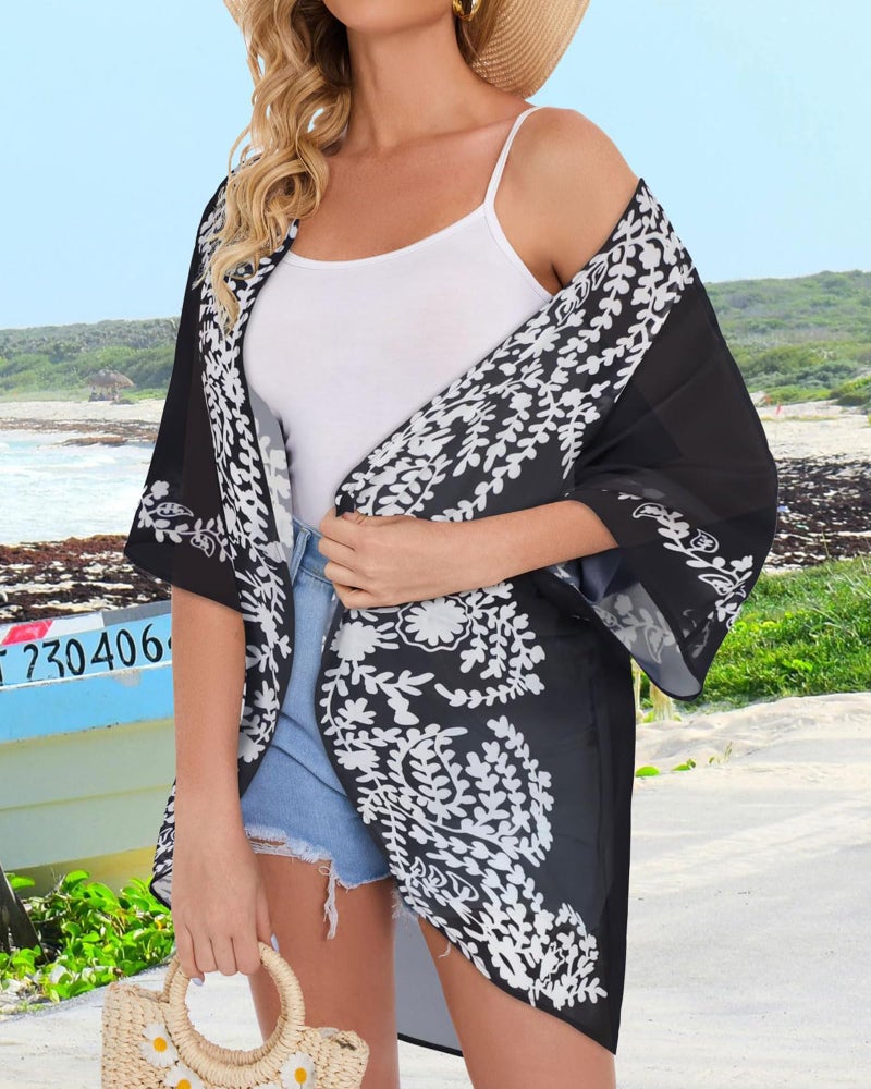 CHICGAL Womens Floral Kimono Cardigans Beach Cover Tops Loose Puff Sleeve Casual Blouse (C Black Flower, XL) - Image 5