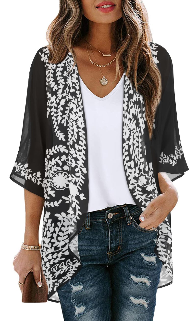 CHICGAL Womens Floral Kimono Cardigans Beach Cover Tops Loose Puff Sleeve Casual Blouse (C Black Flower, XL) - Image 1