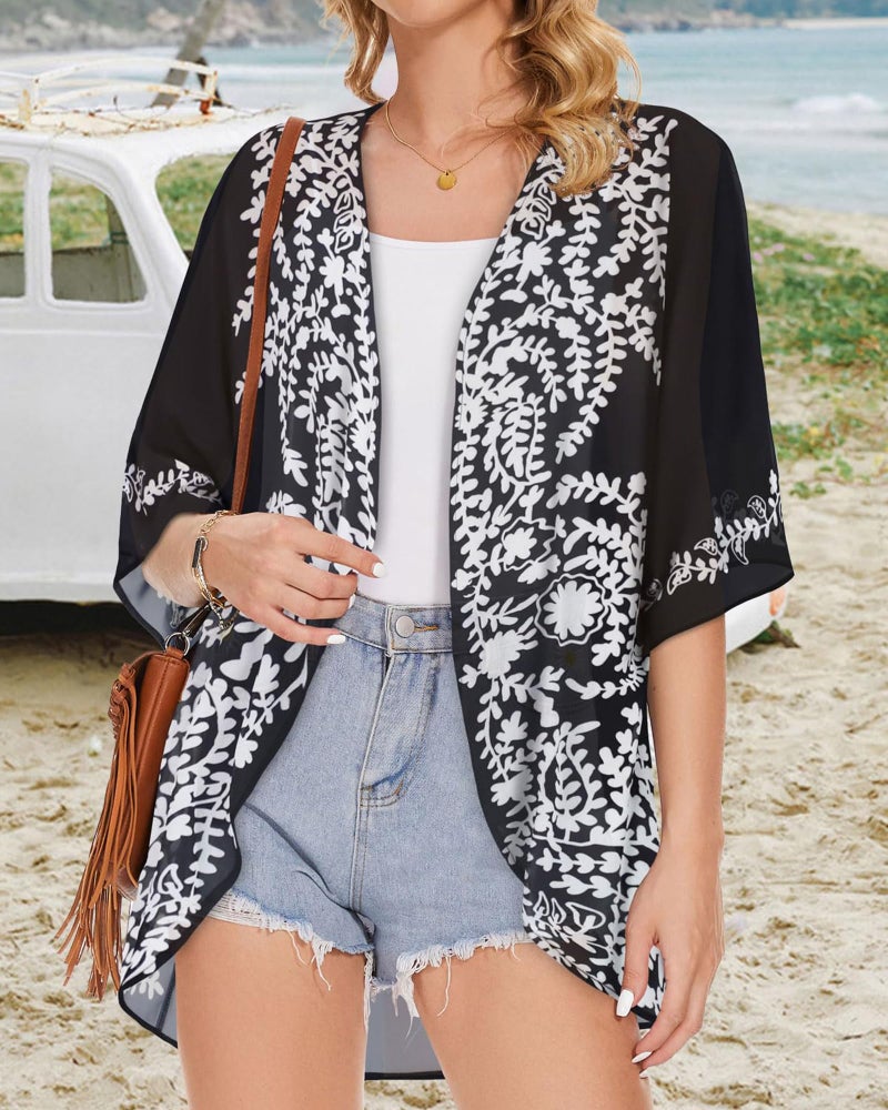 CHICGAL Womens Floral Kimono Cardigans Beach Cover Tops Loose Puff Sleeve Casual Blouse (C Black Flower, XL) - Image 3