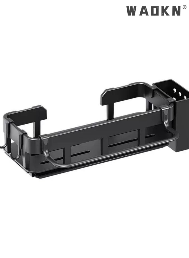 WAOKN Sink Organiser, Kitchen Sponge Holder, Kitchen storage rack, cloth rack, faucet sink, dishwashing sponge, dishwashing detergent, draining sink, storage rack，Kitchen Sink Organiser with Dish Cloth Holder and Two Hooks, Metal Hanging Kitchen Bathroom Organiser, Black, No Drilling Required - Image 1