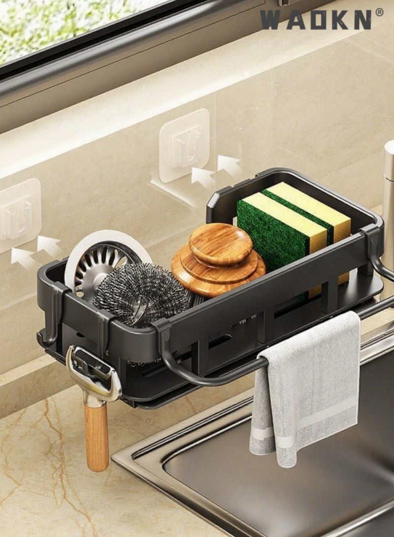 WAOKN Sink Organiser, Kitchen Sponge Holder, Kitchen storage rack, cloth rack, faucet sink, dishwashing sponge, dishwashing detergent, draining sink, storage rack，Kitchen Sink Organiser with Dish Cloth Holder and Two Hooks, Metal Hanging Kitchen Bathroom Organiser, Black, No Drilling Required - Image 3