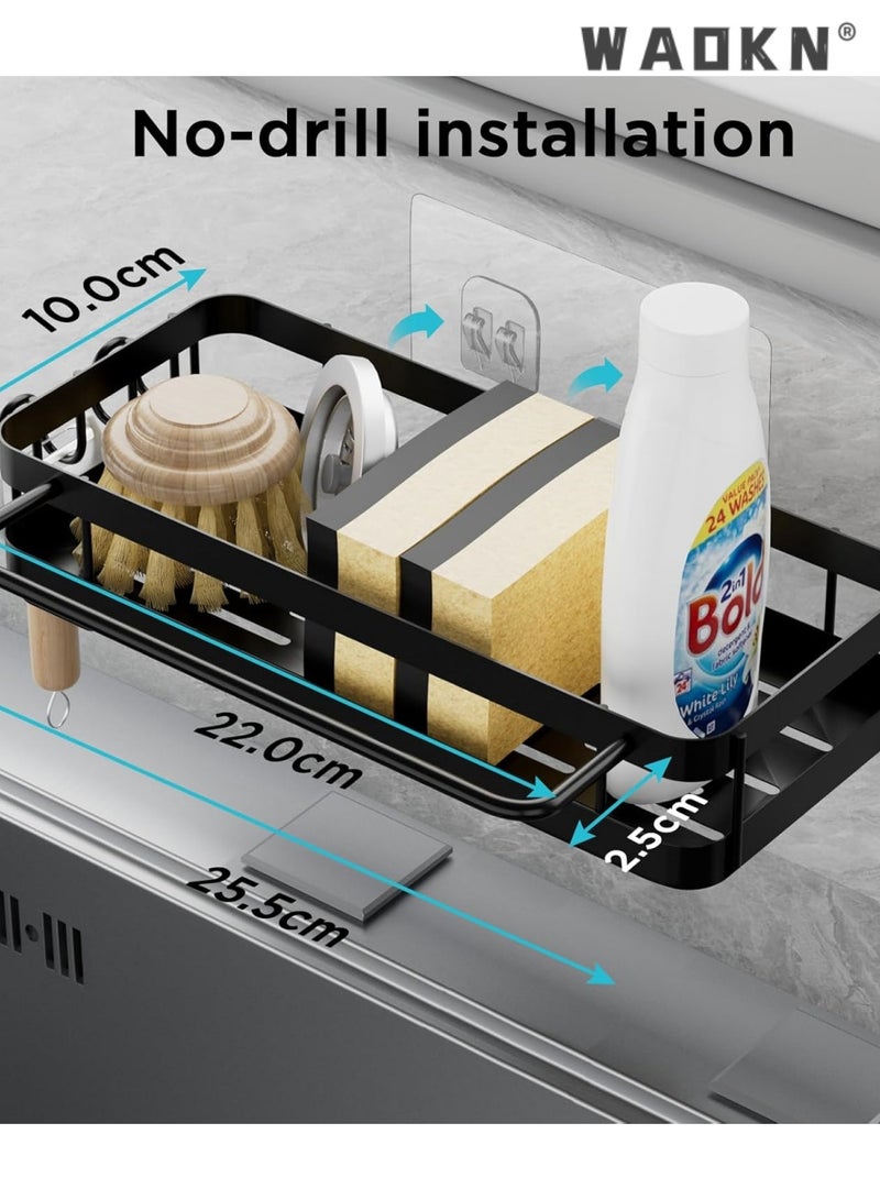 WAOKN Sink Organiser, Kitchen Sponge Holder, Kitchen storage rack, cloth rack, faucet sink, dishwashing sponge, dishwashing detergent, draining sink, storage rack，Kitchen Sink Organiser with Dish Cloth Holder and Two Hooks, Metal Hanging Kitchen Bathroom Organiser, Black, No Drilling Required - Image 2
