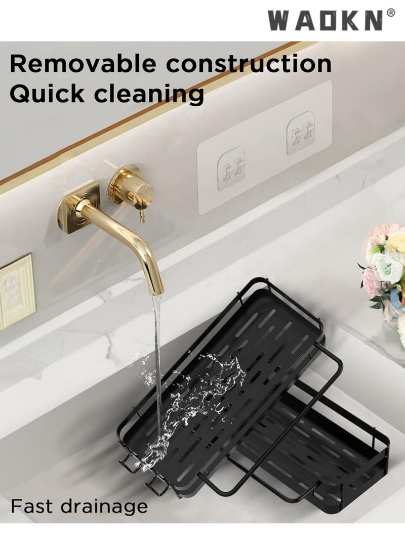 WAOKN Sink Organiser, Kitchen Sponge Holder, Kitchen storage rack, cloth rack, faucet sink, dishwashing sponge, dishwashing detergent, draining sink, storage rack，Kitchen Sink Organiser with Dish Cloth Holder and Two Hooks, Metal Hanging Kitchen Bathroom Organiser, Black, No Drilling Required - Image 4