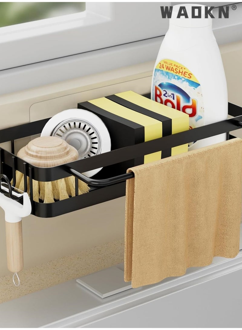 WAOKN Sink Organiser, Kitchen Sponge Holder, Kitchen storage rack, cloth rack, faucet sink, dishwashing sponge, dishwashing detergent, draining sink, storage rack，Kitchen Sink Organiser with Dish Cloth Holder and Two Hooks, Metal Hanging Kitchen Bathroom Organiser, Black, No Drilling Required - Image 5