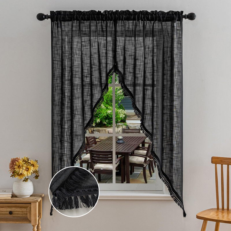 BD BEDA HOME Beda Home شرابة الكتان المحكم ستارة غنيمة الستار المطبخ مزارع المطبخ. تصفية الضوء الريفية القصيرة غنيمة أعلى لخصوصية غرفة نوم النوافذ الصغيرة المضافة تصميم جيب قضيب (أسود 36x63-2pcs) - Image 1