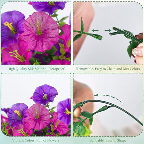 MyCoats Artificial Hanging Flowers for Outdoors, 6Pcs UV Resistant Faux Silk Morning Glory Flowers, Artificial Fake Plants Trailing Vines for Porch Patio Balcony Yard Garden (Purple + Light Purple) - Image 3