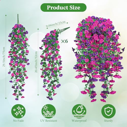 MyCoats Artificial Hanging Flowers for Outdoors, 6Pcs UV Resistant Faux Silk Morning Glory Flowers, Artificial Fake Plants Trailing Vines for Porch Patio Balcony Yard Garden (Purple + Light Purple) - Image 2