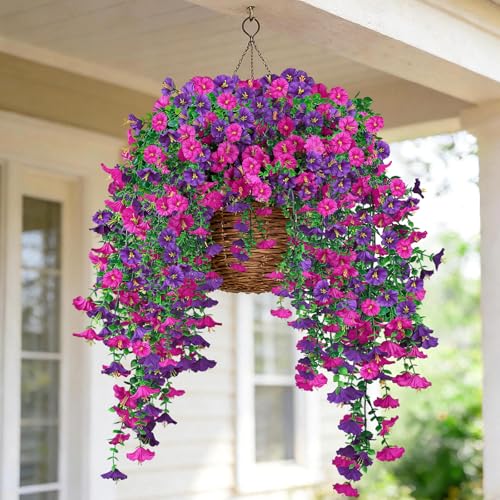 MyCoats Artificial Hanging Flowers for Outdoors, 6Pcs UV Resistant Faux Silk Morning Glory Flowers, Artificial Fake Plants Trailing Vines for Porch Patio Balcony Yard Garden (Purple + Light Purple) - Image 5