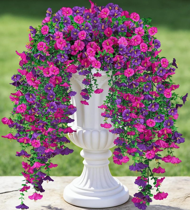 MyCoats Artificial Hanging Flowers for Outdoors, 6Pcs UV Resistant Faux Silk Morning Glory Flowers, Artificial Fake Plants Trailing Vines for Porch Patio Balcony Yard Garden (Purple + Light Purple) - Image 1