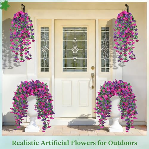 MyCoats Artificial Hanging Flowers for Outdoors, 6Pcs UV Resistant Faux Silk Morning Glory Flowers, Artificial Fake Plants Trailing Vines for Porch Patio Balcony Yard Garden (Purple + Light Purple) - Image 4