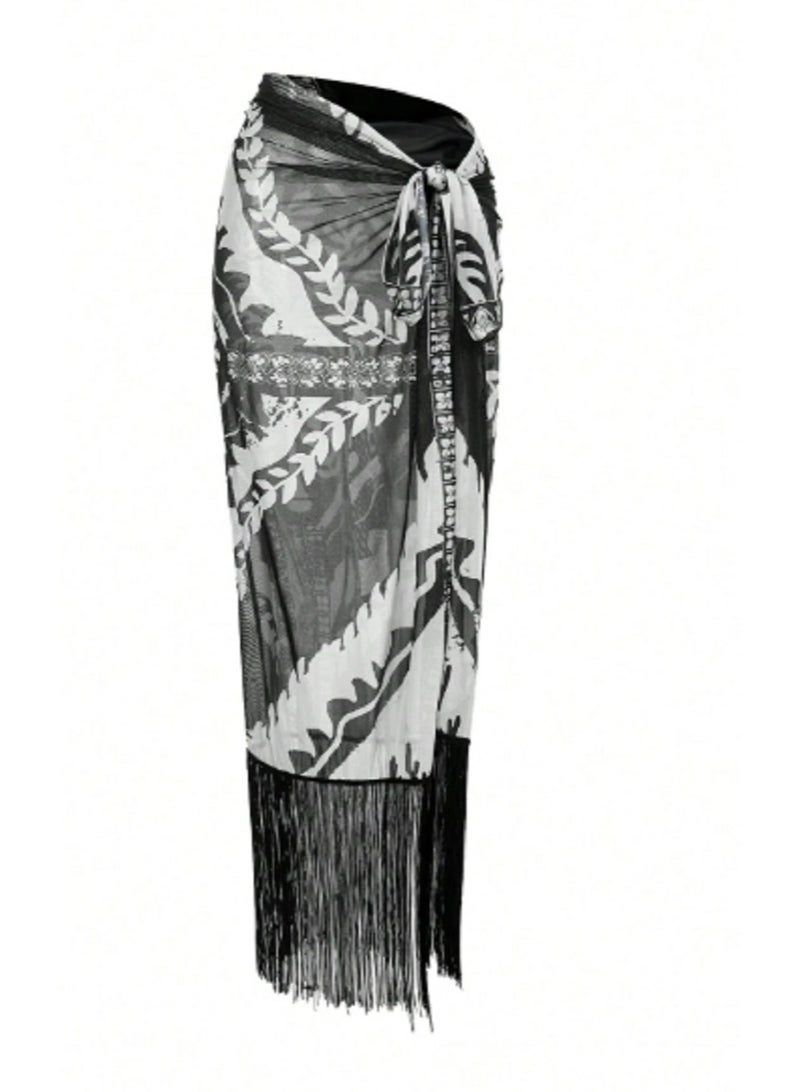 SHEIN Swim Oasis Women's Boho Black & White Floral Leaf Tassel Halter One-Piece Swimsuit, Elegant Casual For Spring/Summer Holiday Beach Party, 2 Piece Set - Image 5