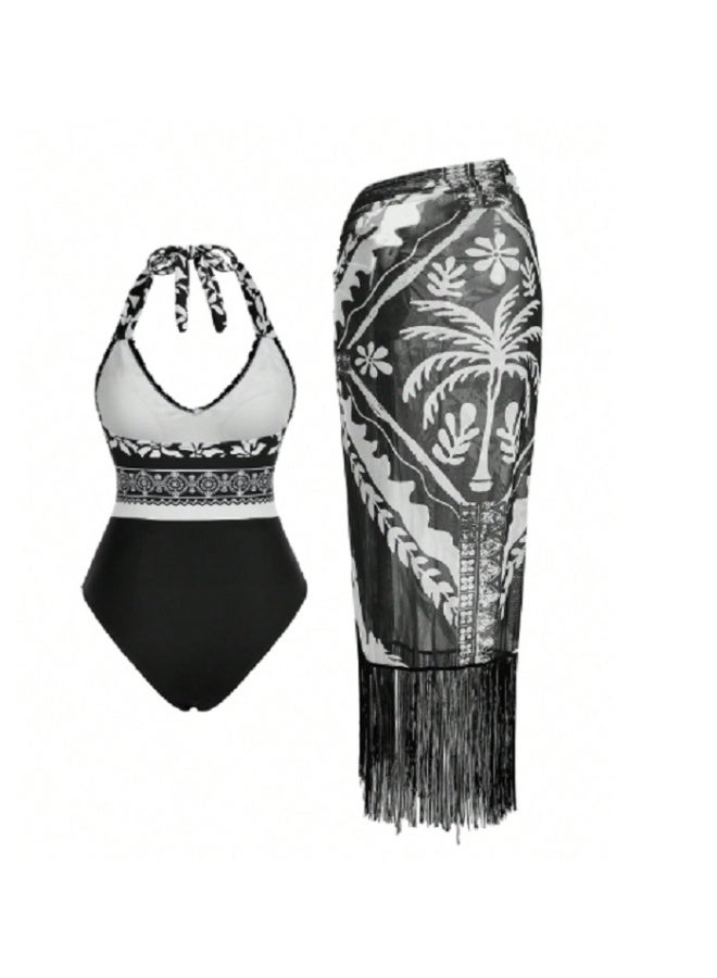 SHEIN Swim Oasis Women's Boho Black & White Floral Leaf Tassel Halter One-Piece Swimsuit, Elegant Casual For Spring/Summer Holiday Beach Party, 2 Piece Set - Image 2