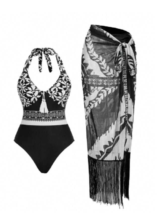 SHEIN Swim Oasis Women's Boho Black & White Floral Leaf Tassel Halter One-Piece Swimsuit, Elegant Casual For Spring/Summer Holiday Beach Party, 2 Piece Set - Image 4