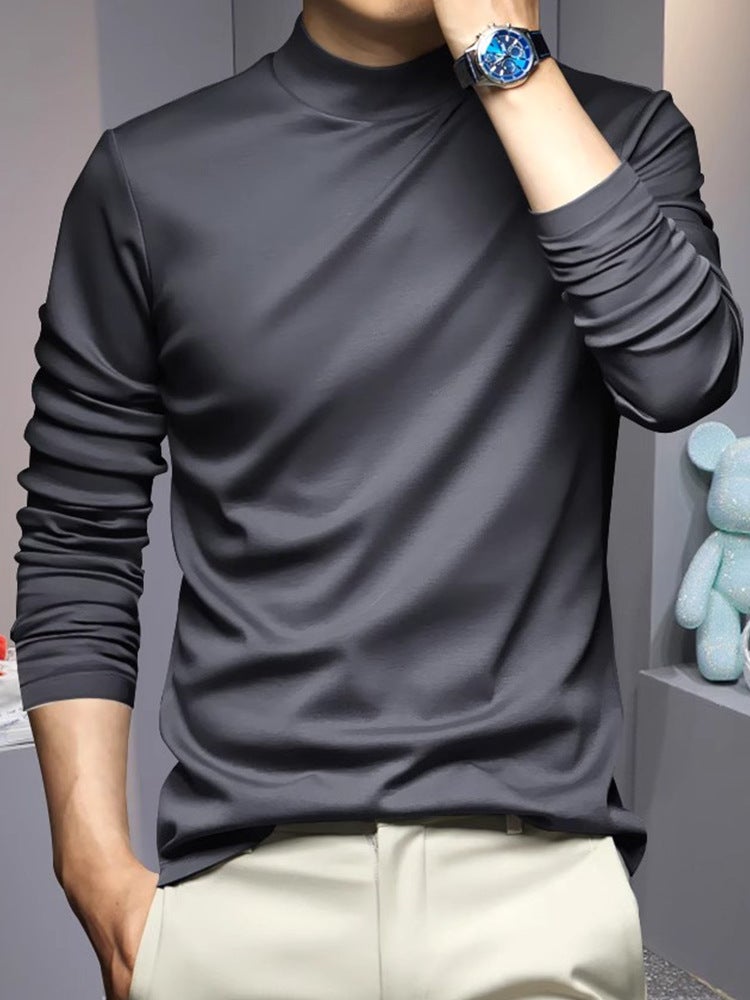 Men's Half-High Collar Base Layer Long-Sleeve T-Shirt with Silk-Like Thin Velvet, Fleece-Lined Warm Top, Double-Sided German Velvet T-Shirt - Image 3
