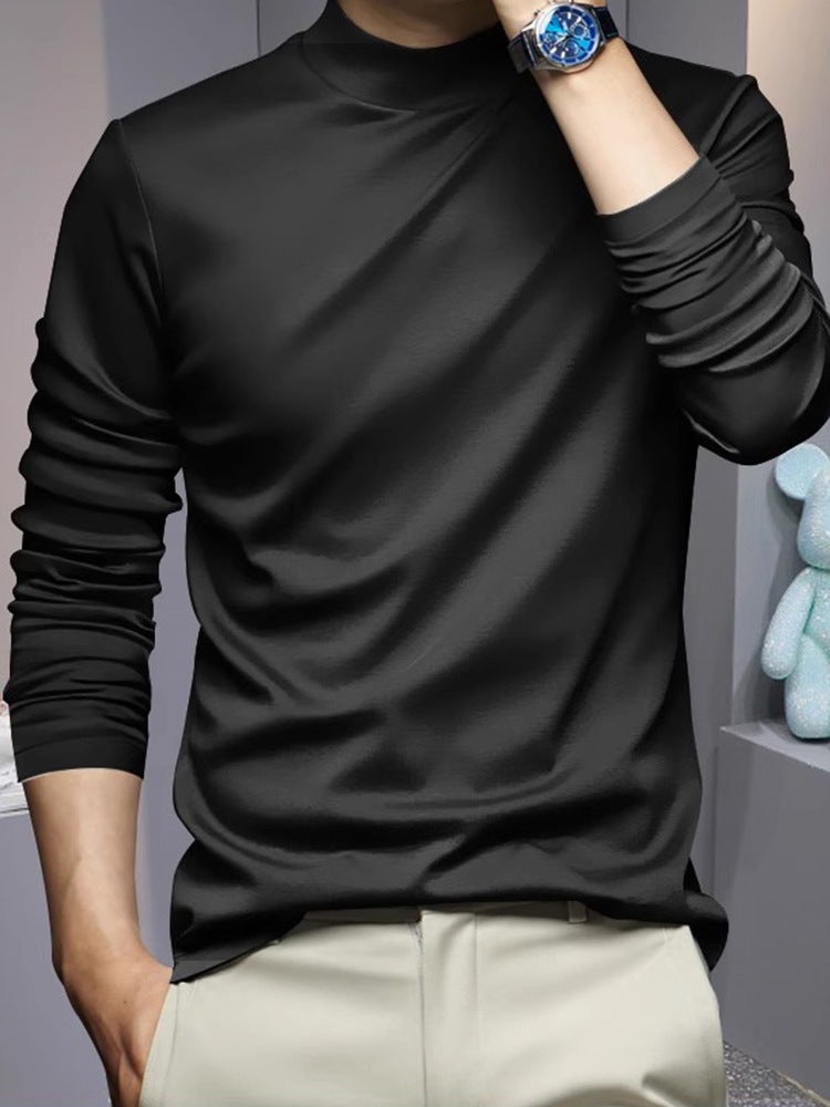 Men's Half-High Collar Base Layer Long-Sleeve T-Shirt with Silk-Like Thin Velvet, Fleece-Lined Warm Top, Double-Sided German Velvet T-Shirt - Image 2