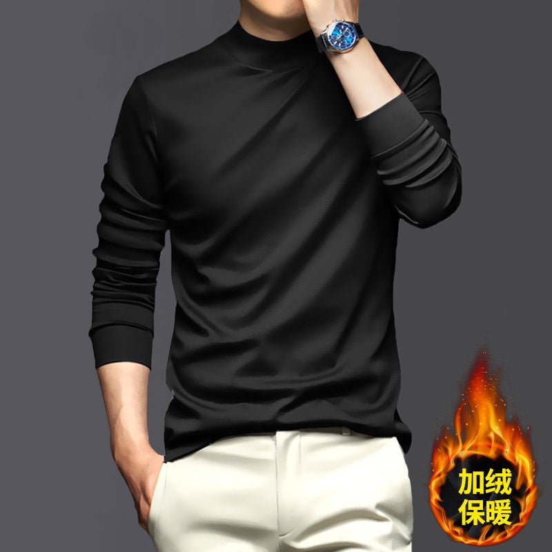 Men's Half-High Collar Base Layer Long-Sleeve T-Shirt with Silk-Like Thin Velvet, Fleece-Lined Warm Top, Double-Sided German Velvet T-Shirt - Image 1