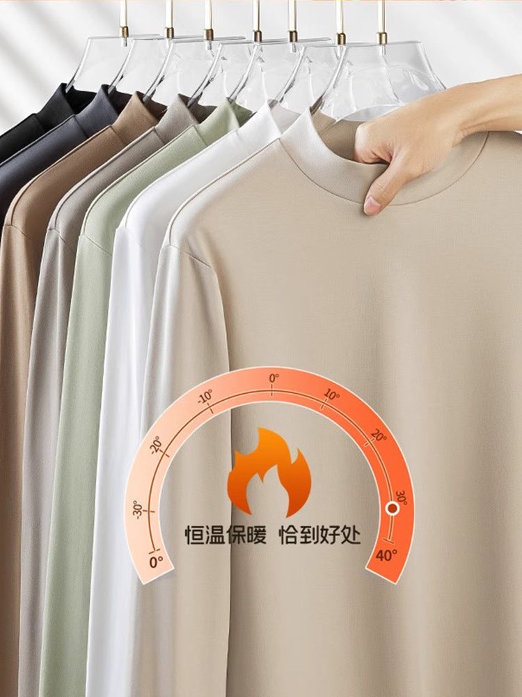 Men's Half-High Collar Base Layer Long-Sleeve T-Shirt with Silk-Like Thin Velvet, Fleece-Lined Warm Top, Double-Sided German Velvet T-Shirt - Image 4
