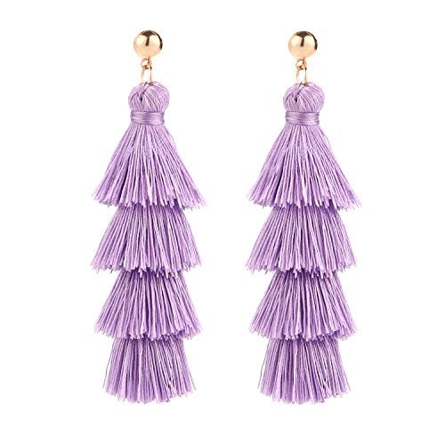 BaubleStar Fashion Tassel Dangle Earrings for Women Layered Long Bonita Tiered Lavender Purple Thread Tassel Drop Statement Jewelry - Image 1