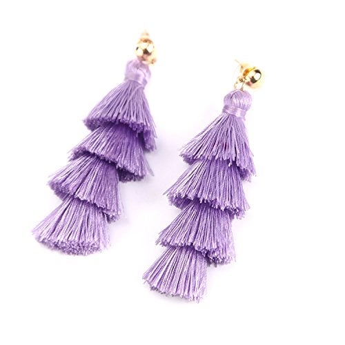 BaubleStar Fashion Tassel Dangle Earrings for Women Layered Long Bonita Tiered Lavender Purple Thread Tassel Drop Statement Jewelry - Image 3