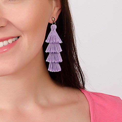 BaubleStar Fashion Tassel Dangle Earrings for Women Layered Long Bonita Tiered Lavender Purple Thread Tassel Drop Statement Jewelry - Image 2