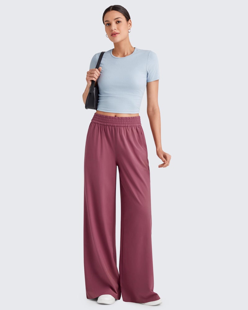 G4Free Summer Palazzo Pants Wide Leg Pant Dressy Yoga Pants for Women Elastic Waist Loose Cozy Lounge Pants(Wine,S,29") - Image 2
