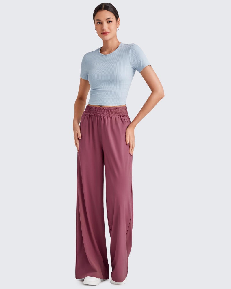 G4Free Summer Palazzo Pants Wide Leg Pant Dressy Yoga Pants for Women Elastic Waist Loose Cozy Lounge Pants(Wine,S,29") - Image 5