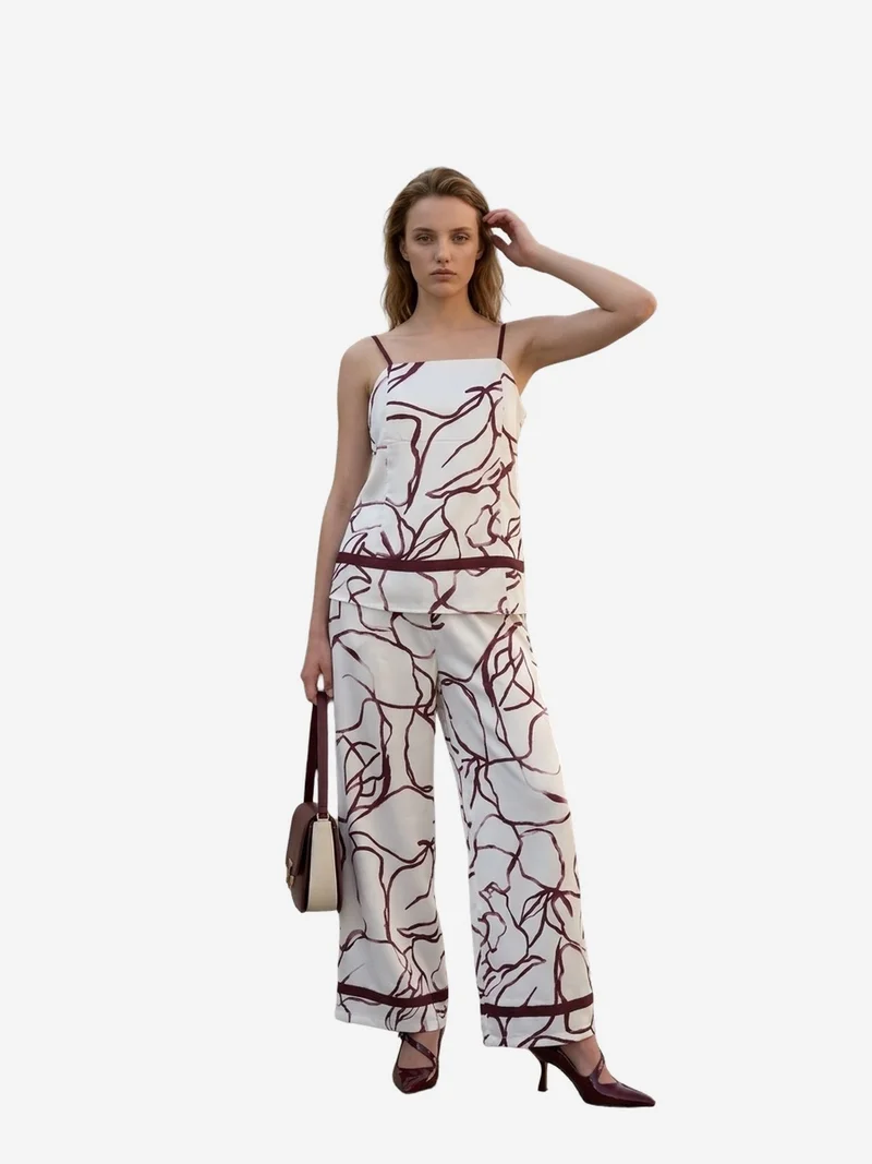 ماي فاشن MY FASHION Abstract Satin Strapless Blouse and Wide-Leg Pants Set