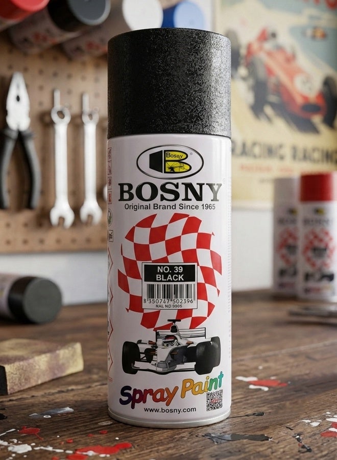 بوسني طلاء بخاخ Bosny (أسود) – طلاء إيروسول سريع الجفاف للمعادن، الخشب، البلاستيك، الزجاج؛ للاستخدام في مشاريع "افعلها بنفسك" (DIY)، السيارات والمنزل. - Image 2