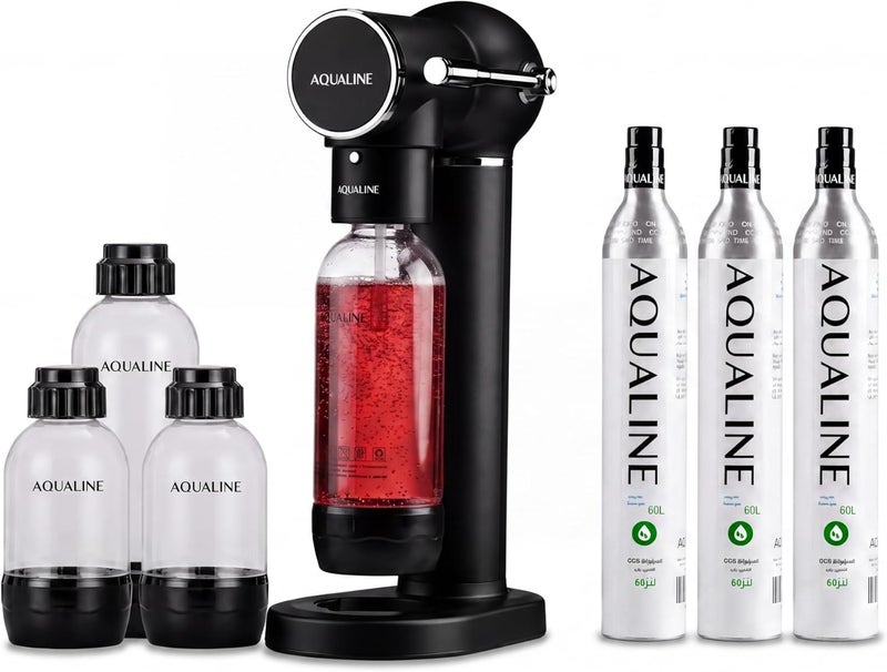 Aqualine Essence Pro Sparkling Water Maker, Ultimate Kit | Home Soda Maker, Sparkles Any Drink | Fizz Infuser | 3x 60L CO2 Cylinders, 2x 1L & 2x 500ml Bottles | Proudly Saudi | Black - Image 1