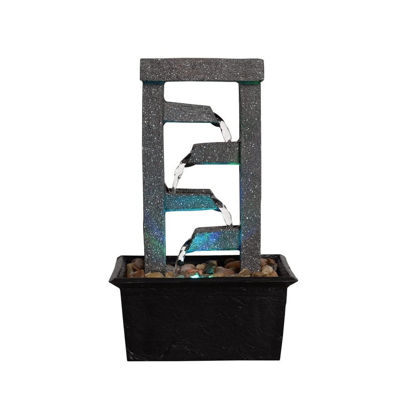 GOSSI 10" 4-Tier Tabletop Waterfall Fountain with Natural River Rocks & LED Lights, Indoor Water Fountain, Resin Desktop Water Feature for Home Office Decor, Meditation Relaxation Gift - Image 4