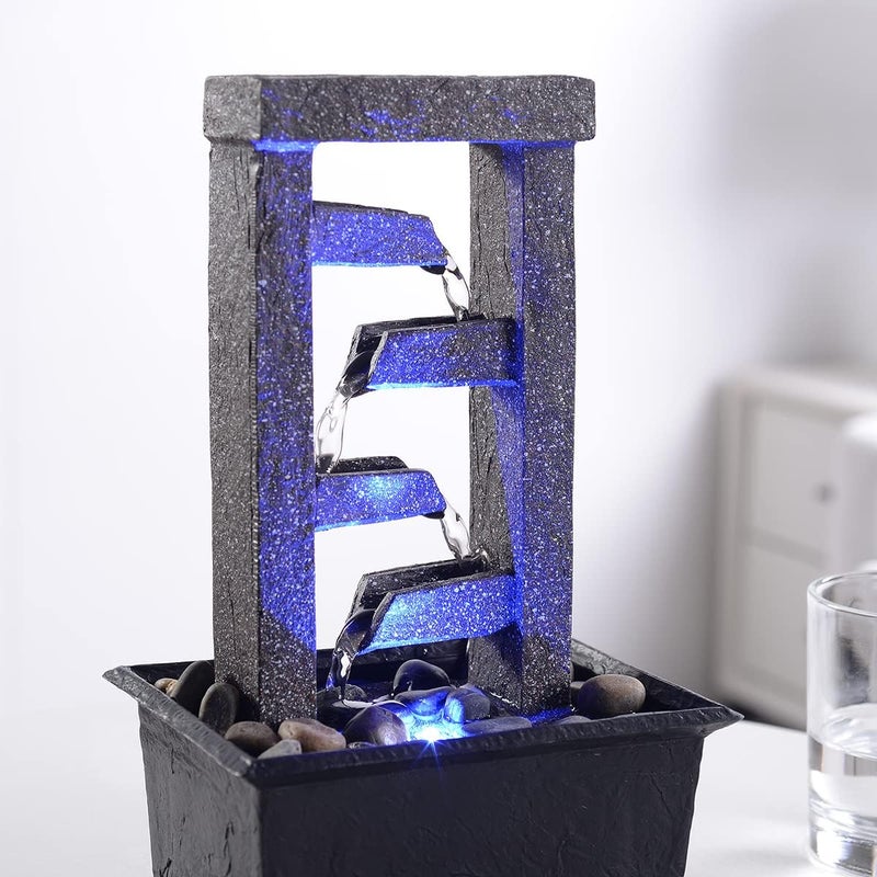 GOSSI 10" 4-Tier Tabletop Waterfall Fountain with Natural River Rocks & LED Lights, Indoor Water Fountain, Resin Desktop Water Feature for Home Office Decor, Meditation Relaxation Gift - Image 5
