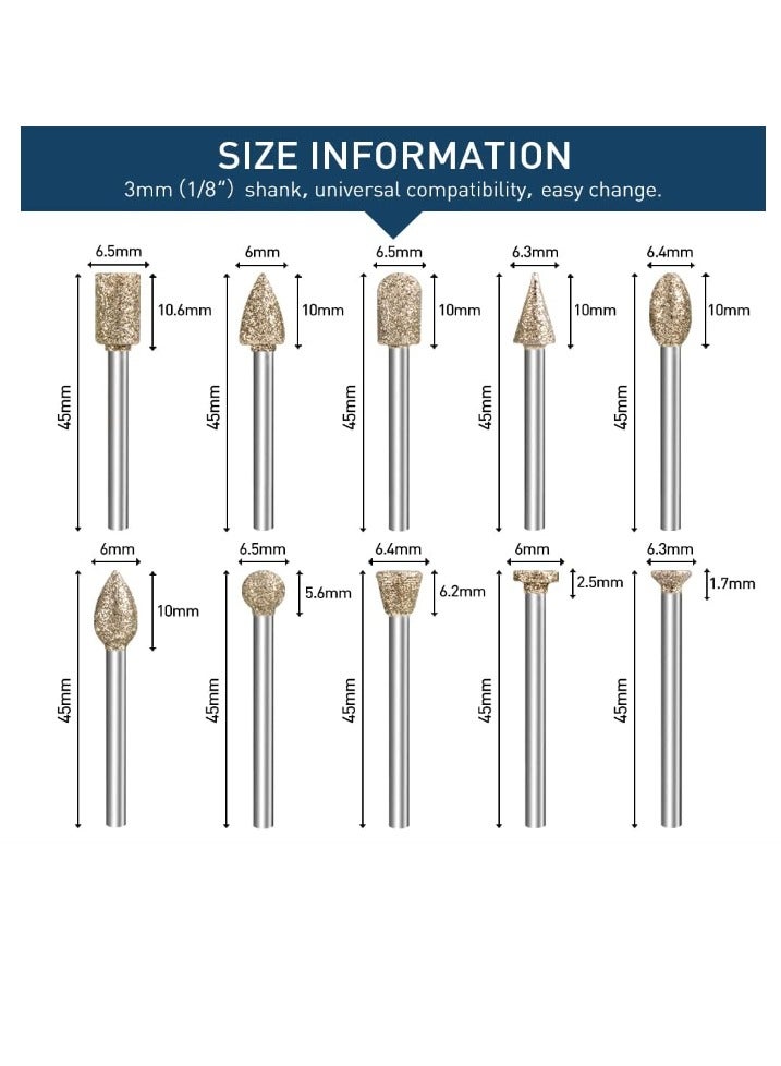 Yakumuz Diamond Grinding Burr Bit Set，Yakumuz 20Pcs Rotary Tool Accessories Stone Carving Set with 1/8 inch Shank for Stone Ceramic Glass Carving, Grinding, Polishing, Engraving, Sanding - Image 3