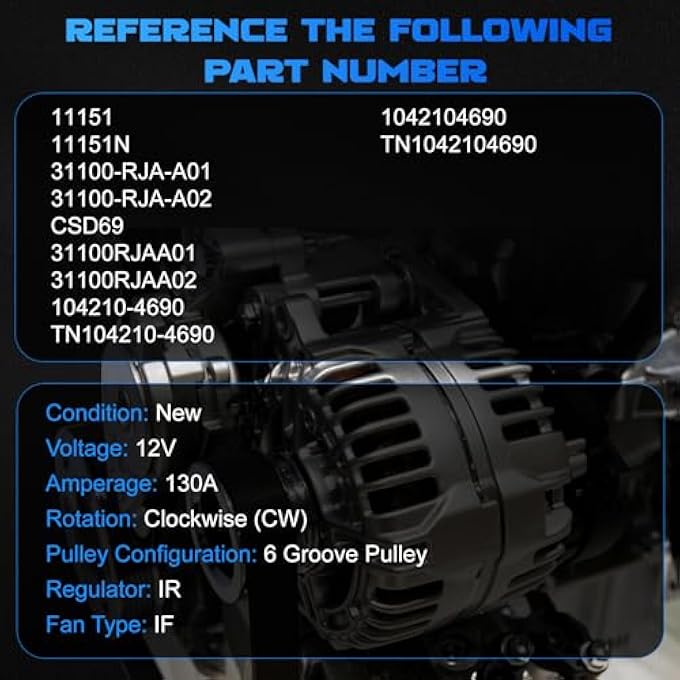YOMALL Alternator 11151 for MDX 2006 3.5L & 2007-2009 3.7L for 2005-2008 RL 3.5L for 2007-2008 TL/Pilot/Ridgeline 3.5L for 2007 Odyssey 3.5L Vehicle Replacement Alternator 130A 6PK 11151N - Image 3