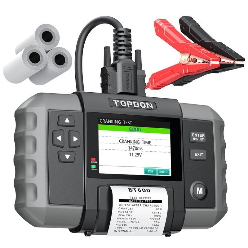 Topdon جهاز اختبار بطارية السيارة TOPDON BT600 12V 12V24V اختبارات التشغيل والشحن بتحميل 1002000CCA جهاز اختبار جهد البطارية الرقمي بشاشة 35 مع طابعة مدمجة