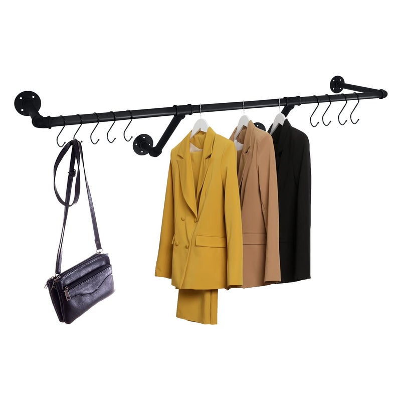 HouseAid 48 Inch Industrial Pipe Clothes Rack Farmhouse Iron Garment Rack Vintage Style Hanging Rod for Closet Wall Mounted Matte Black Hooks Included