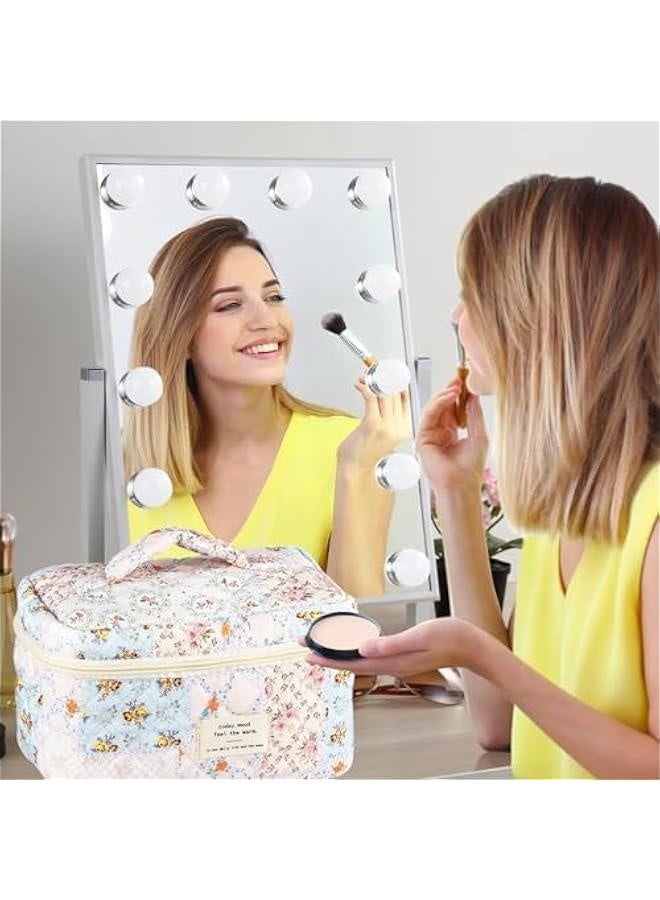 3Pcs Cotton Quilted Makeup Bag for Women Girls Large Small Travel Floral Cosmetic Bags Set Cute Coquette Makeup Pouch for Purse Aesthetic Cloth Bee&Flower Storage Toiletry Bag Organizer - Image 2