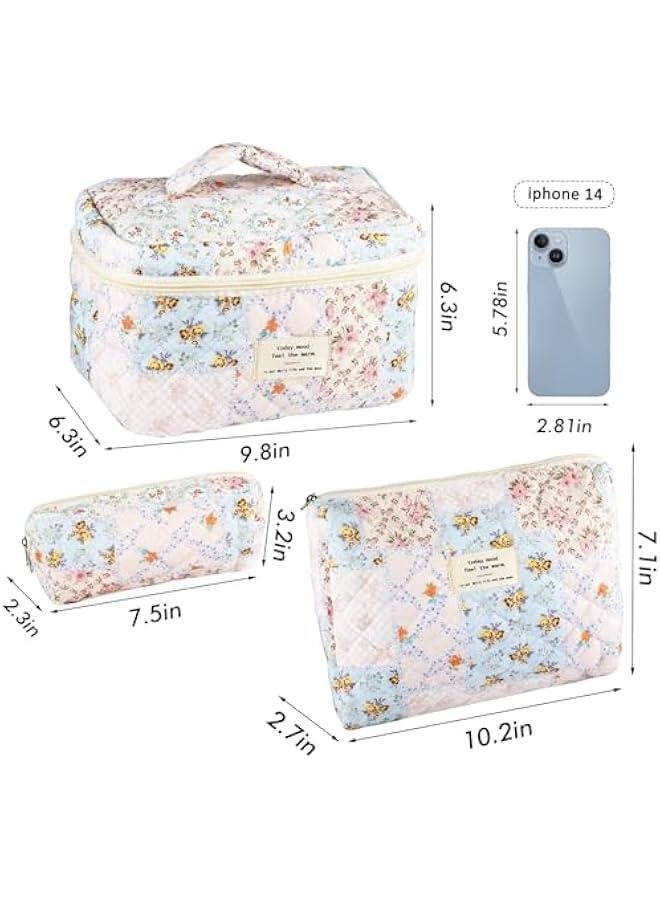 3Pcs Cotton Quilted Makeup Bag for Women Girls Large Small Travel Floral Cosmetic Bags Set Cute Coquette Makeup Pouch for Purse Aesthetic Cloth Bee&Flower Storage Toiletry Bag Organizer - Image 4