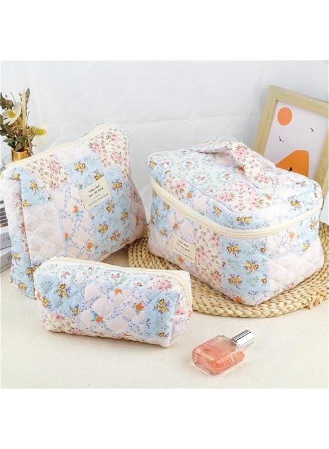 3Pcs Cotton Quilted Makeup Bag for Women Girls Large Small Travel Floral Cosmetic Bags Set Cute Coquette Makeup Pouch for Purse Aesthetic Cloth Bee&Flower Storage Toiletry Bag Organizer - Image 3