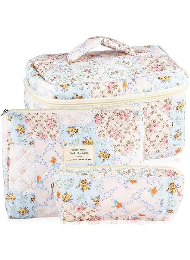3Pcs Cotton Quilted Makeup Bag for Women Girls Large Small Travel Floral Cosmetic Bags Set Cute Coquette Makeup Pouch for Purse Aesthetic Cloth Bee&Flower Storage Toiletry Bag Organizer - Image 1