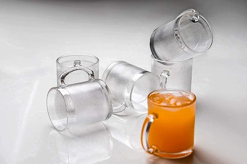 BLISS START Glass Tea Cups Set Mugs Tea Crystal Clear with HandleTea Milk Hot and Cold Drinks Mug Kitchen Dining Tableware Dinnerware Set Pack of 6 300 ML - Image 1