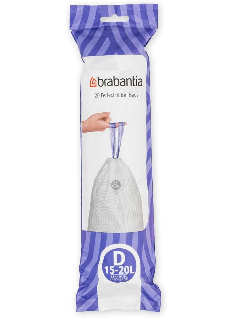 برابانتيا Brabantia PerfectFit أكياس نفايات مقاس D (15–20 لتر) – 20 كيس – أكياس قمامة قوية مع شريط إغلاق، أبيض - Image 1
