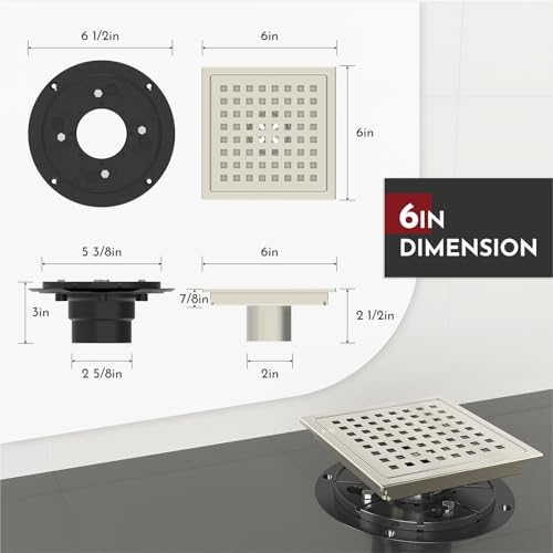 WEBANG 6 Inch Square Shower Floor Drain with Flange,Quadrato Pattern Grate Removable,Food-Grade SUS 304 Stainless Steel,Watermark&CUPC Certified,Brushed Nickel - Image 2