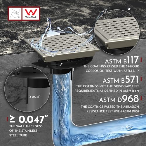 WEBANG 6 Inch Square Shower Floor Drain with Flange,Quadrato Pattern Grate Removable,Food-Grade SUS 304 Stainless Steel,Watermark&CUPC Certified,Brushed Nickel - Image 5
